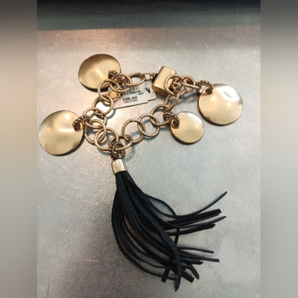 Chicos NWT brass and black tassel charm  bracelet